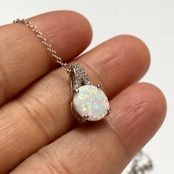 Fire Opal Necklace Round White Opal Pendant, Minim - Picture 3 of 8